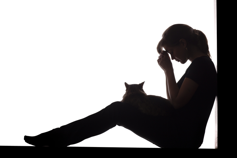 Woman in silhouette sits on ground, head in hands, cat on lap