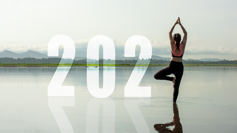 Graphic with 2021 but the "1" is a person standing in a yoga pose