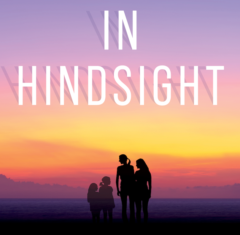 Book cover for In Hindsight with silhouetted young girls next to women against setting sun